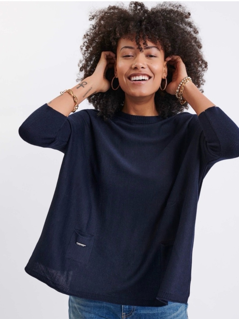 MERSEA Navy Blue Catalina Travel Sweater Oversized Side Slit One Size